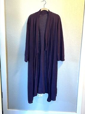 Long Open-Front Women's Linen Cardigan Sweater in Deep Plum